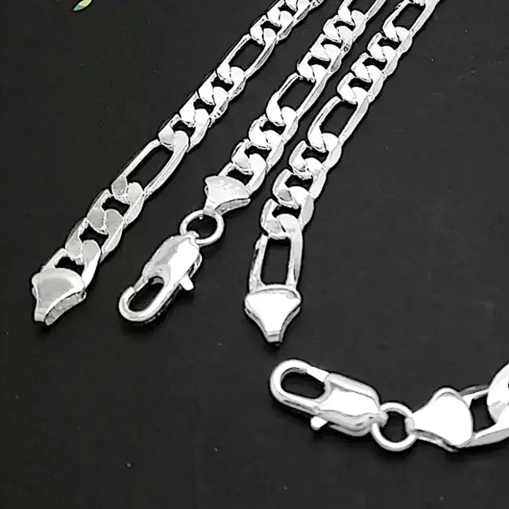 SILVER CUBAN FIGARO CHAIN LINK NECKLACE + BRACELET STERLING STMP .925 SET